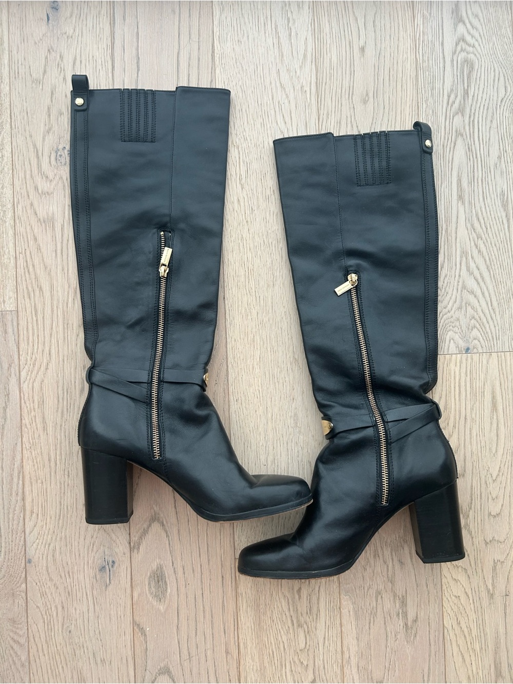 Michael Kors Black Leather Knee-High Buckle Heeled Boots - Picture 2 of 7